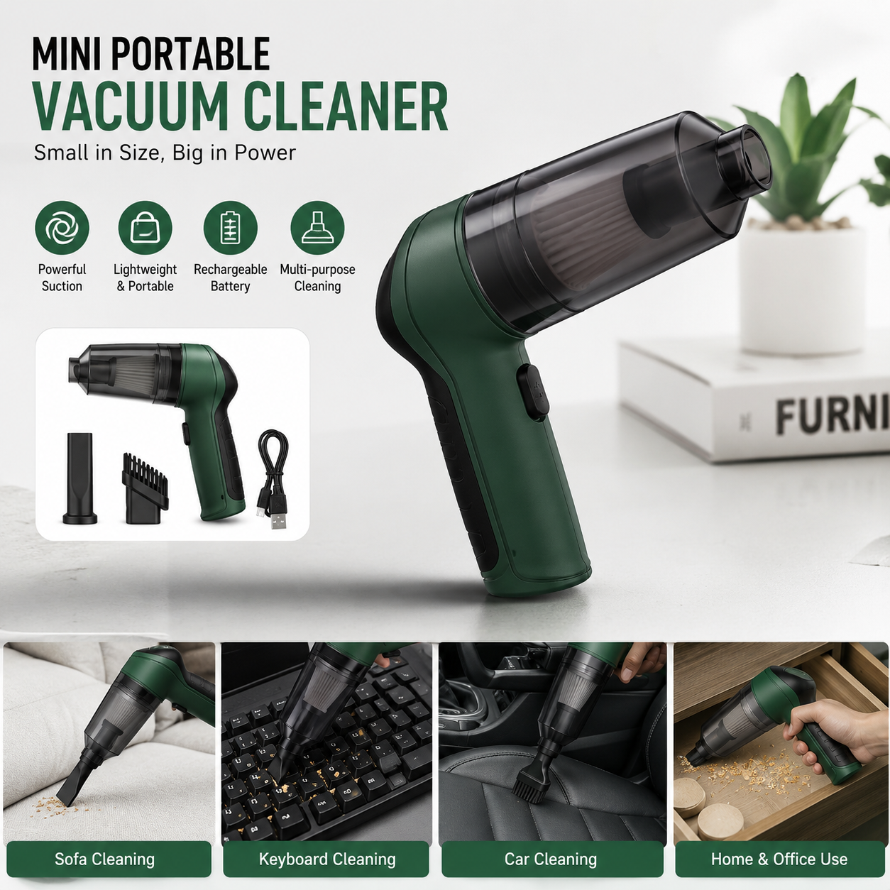 Portable Mini Vacuum Cleaner

Compact, Cordless & Powerful Portable Vacuum Cleaner