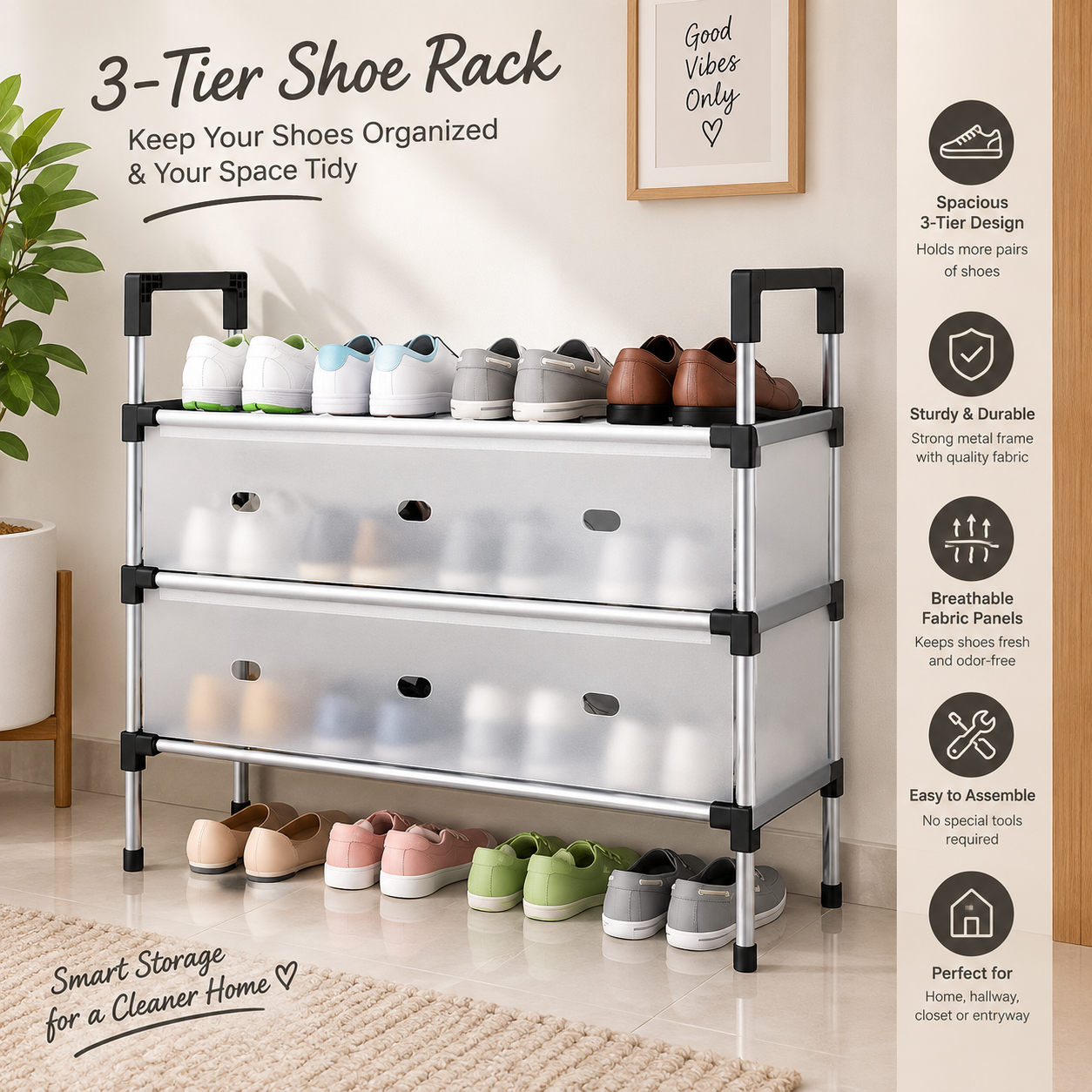 3-Tier Portable Shoe Rack Organizer – Space-Saving Storage Stand